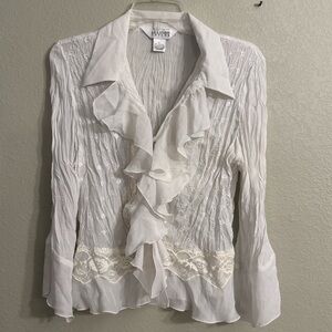 Allison Taylor Women’s Sheer White Ruffled Blouse Ling Sleeves Sz Large